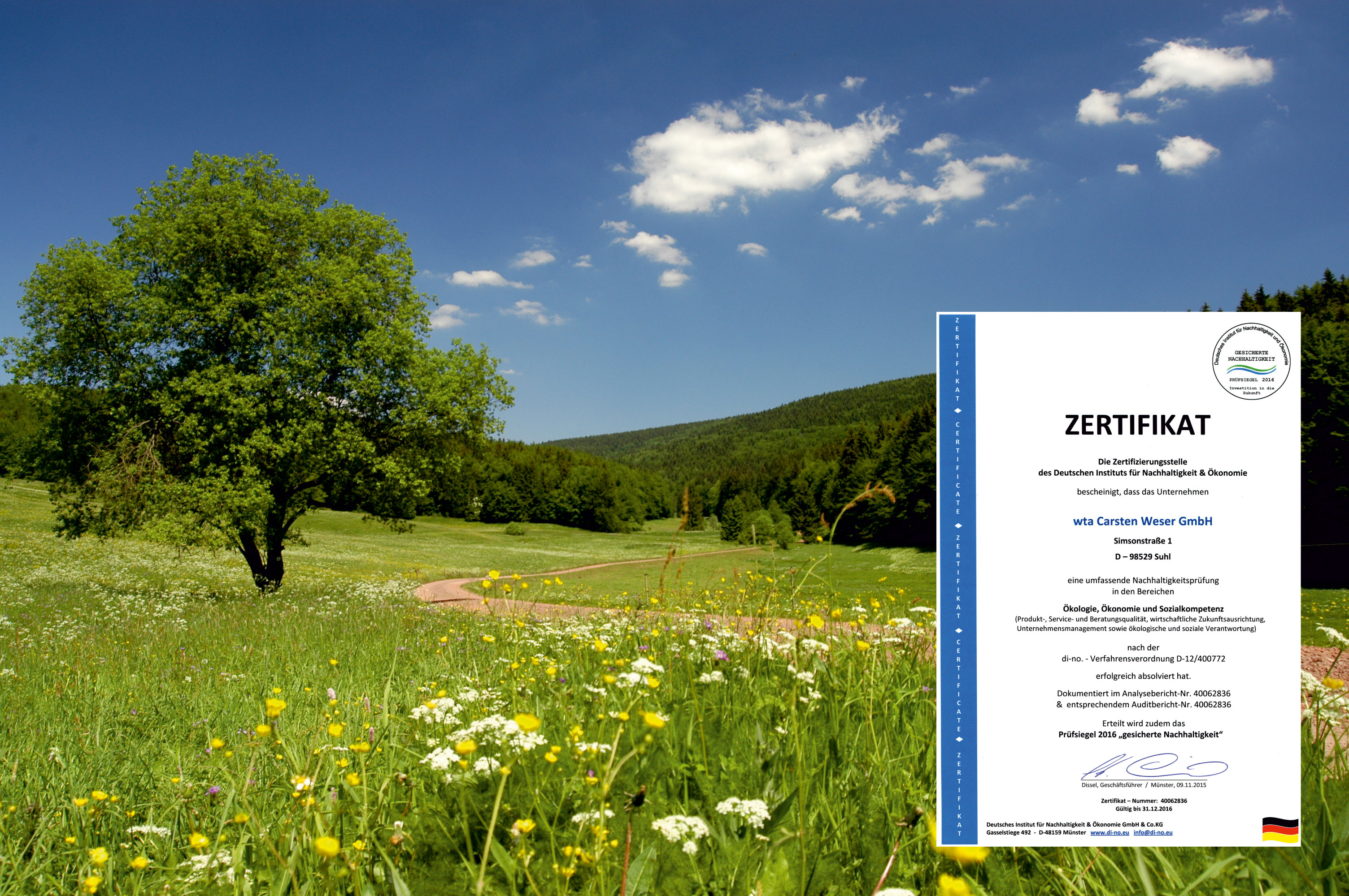 Zertifikat Nachhaltigkeitssiegel der wta Carsten Weser GmbH Suhl