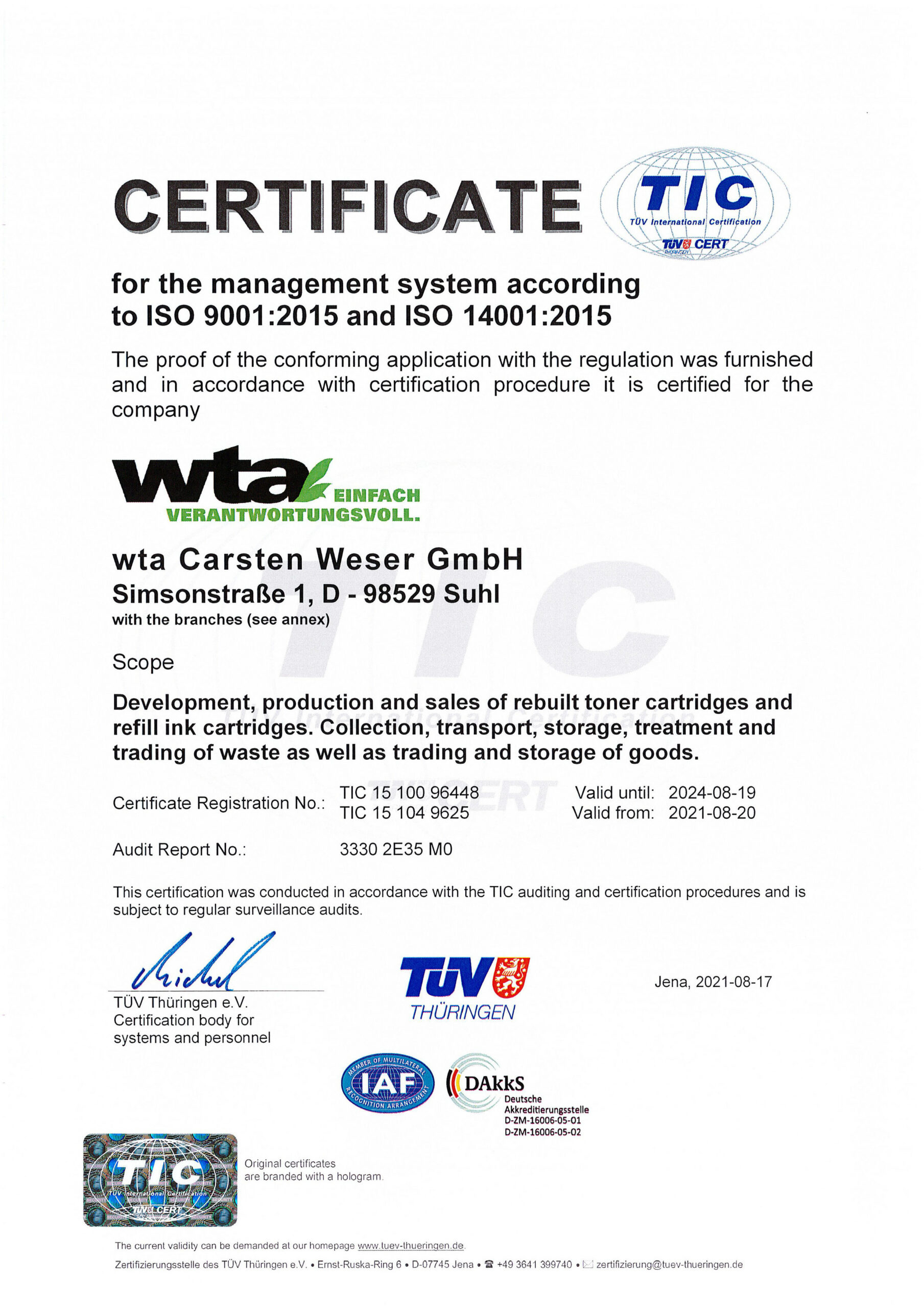 Certificate of the company wta Suhl for the management system according to ISO 9001:2008 and ISO 14001:2004